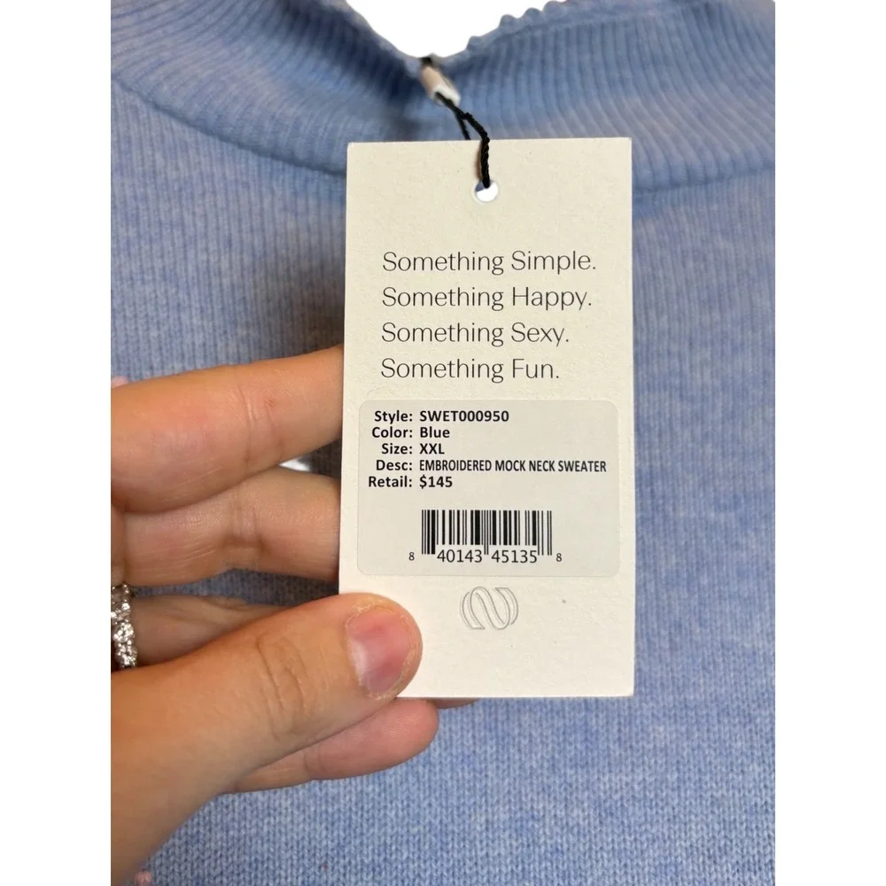 Something Navy Embroidered Mock Neck Sweater Blue Floral NWT Wool Blend Size XXL